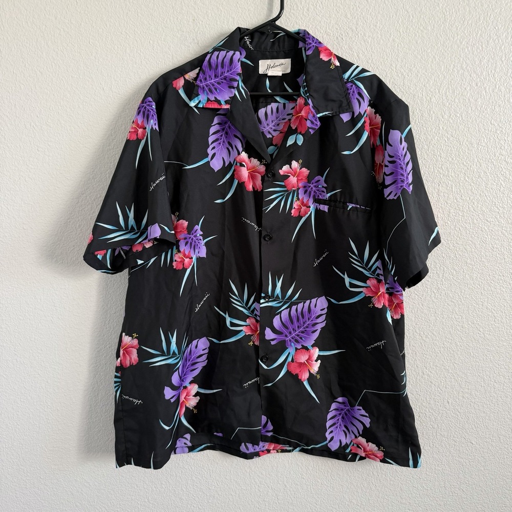 Vintage Men's 2XL Helena's Hibiscus Floral Hawaiian Camp Shirt Black Resort USA